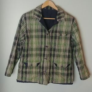 Reversible Plaid or Blue Button Down Jacket With Side Pockets